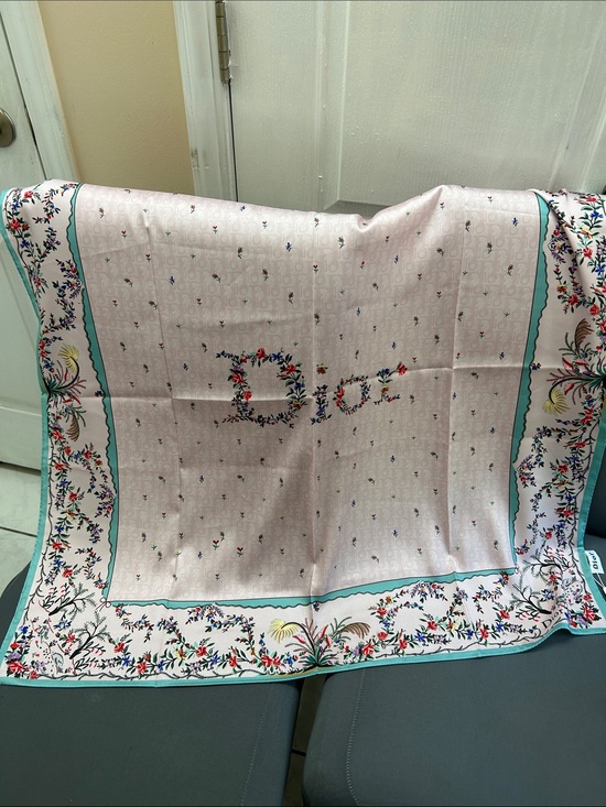 Dior Accessories - Dior Pink Floral Logo Silk Scarf with Aqua Border